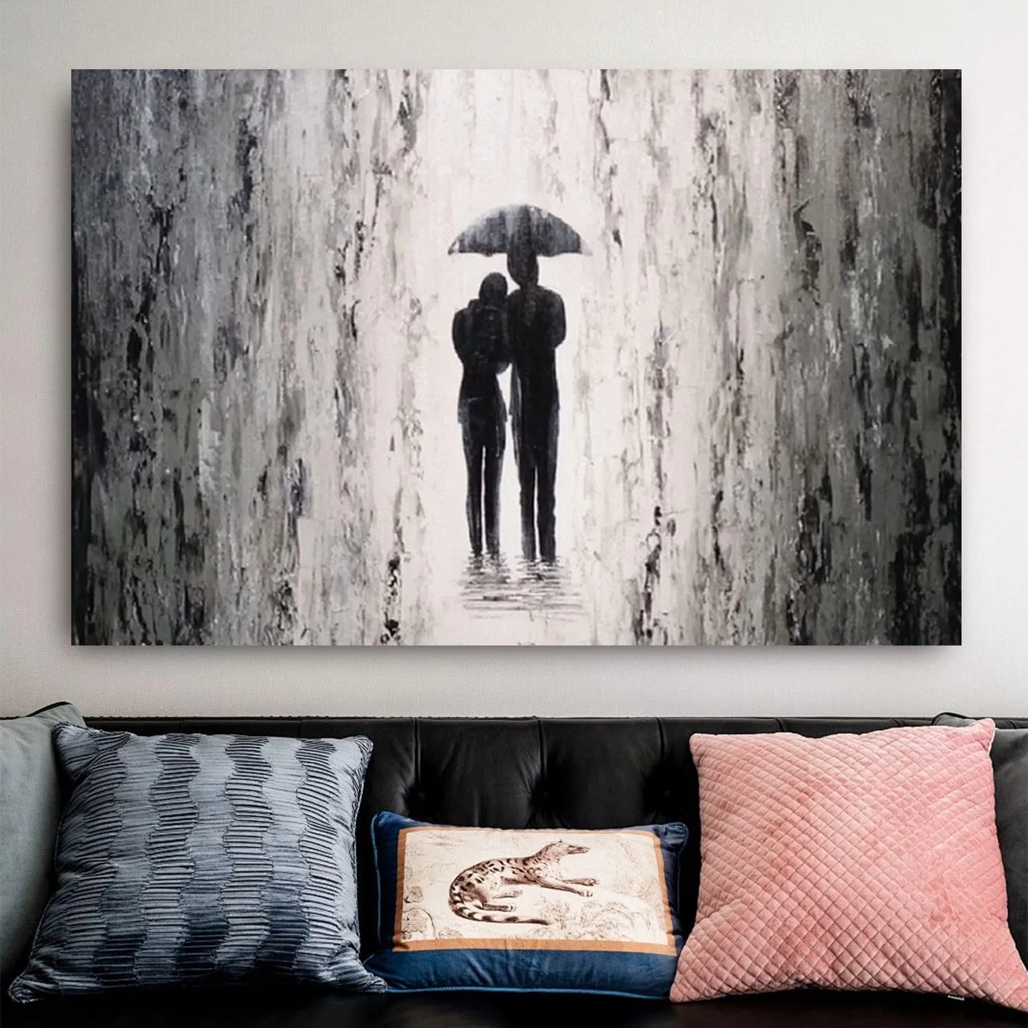 Hand Painted Romantic Couple Oil Painting Romance Of The Rainy Night Wall Art Couple Walking in The Rain Abstract Street Artwork Landscape Oil Painting On Canvas For Living Room Bedroom Decor 28"x40"