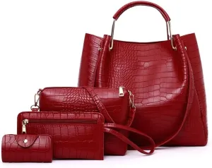Handbags Vintage Fashion Women's Handbag Set Large Capacity PU Leather Shoulder Tote for Travel(Red)