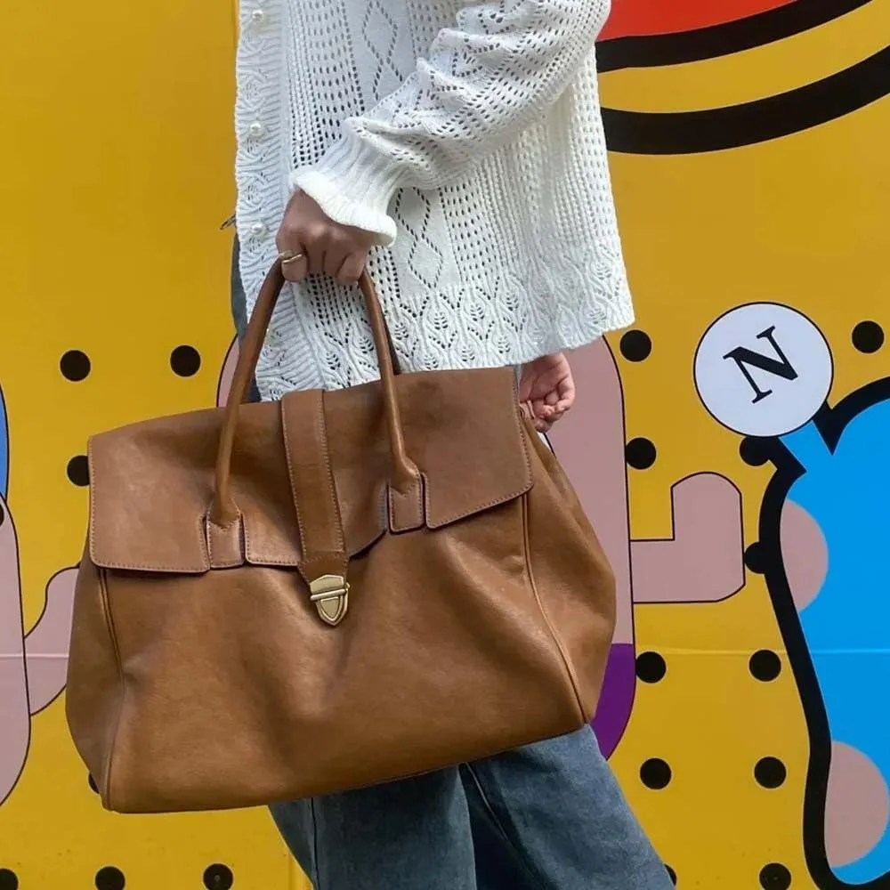 Handheld briefcase women's vintage leather large capacity commuting tanned cowhide women's bag