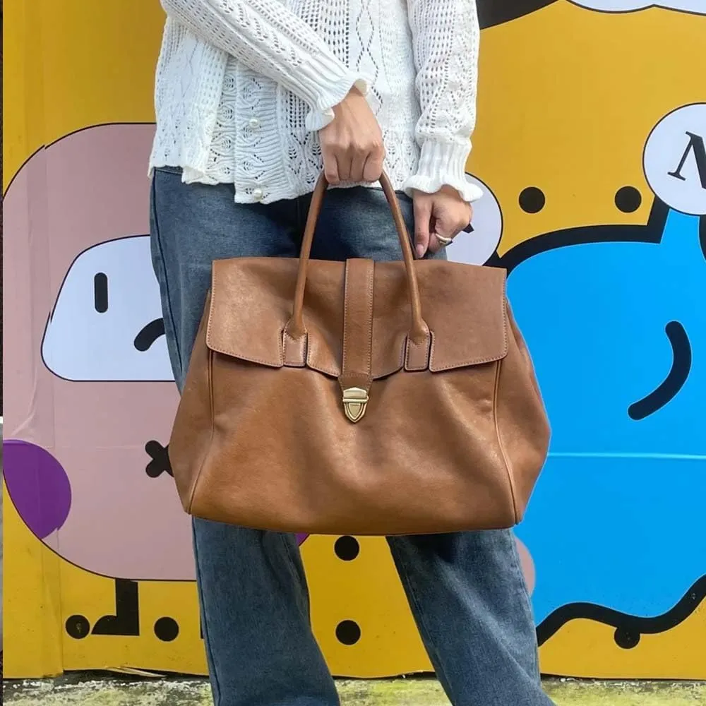 Handheld briefcase women's vintage leather large capacity commuting tanned cowhide women's bag