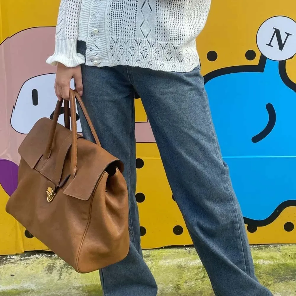 Handheld briefcase women's vintage leather large capacity commuting tanned cowhide women's bag
