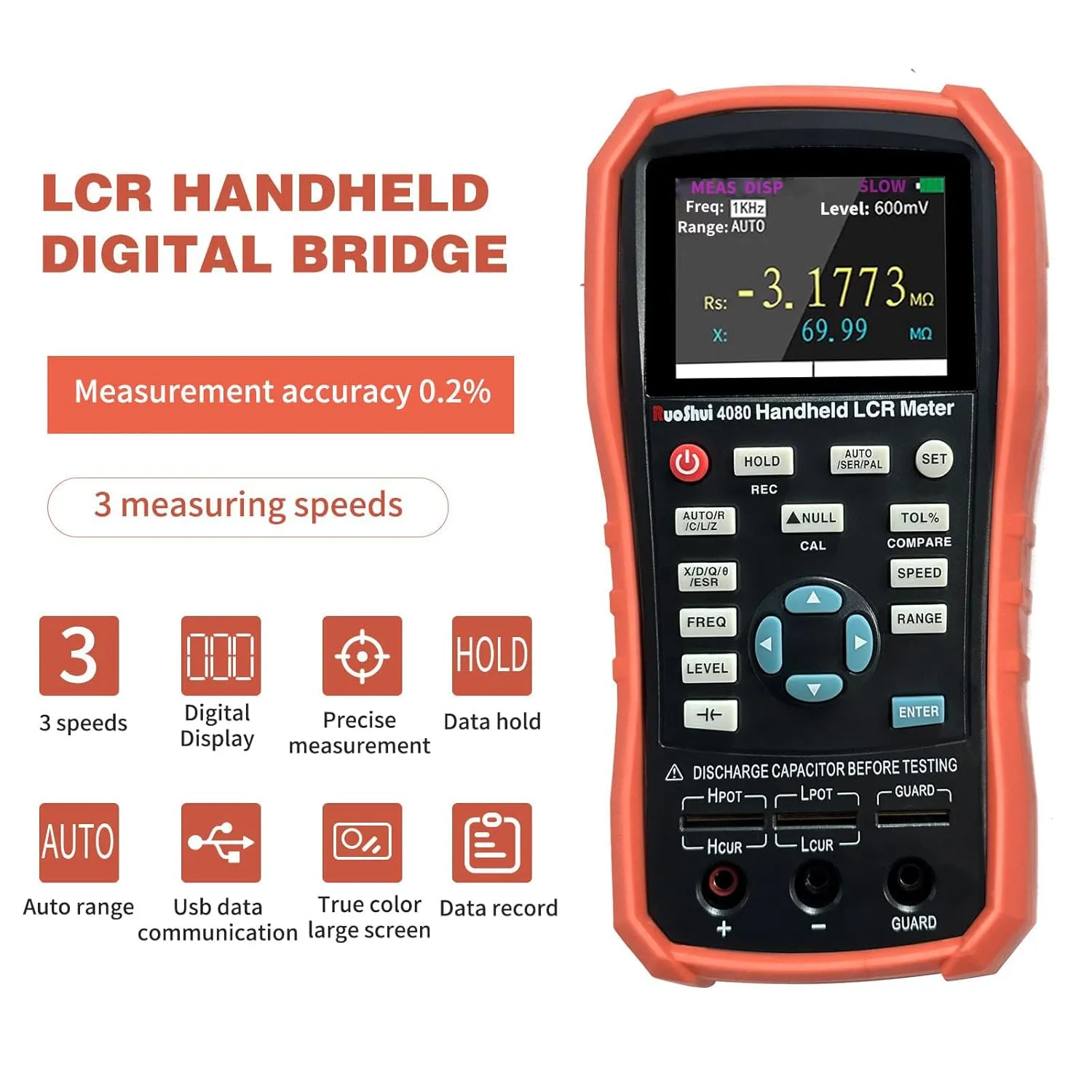 Handheld LCR Meter 100Hz-100KHz, 0.2% Accuracy, Digital Bridge Multimeter for Capacitance, Inductance, Resistance Testing, with ESR Calibration Ideal for Engineers and Technicians (4080)