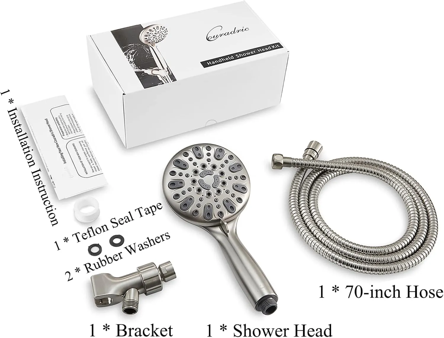 Handheld Shower Head, 6 Spray Setting High Pressure Shower Head with Brass Swivel Ball Bracket and Extra Long Stainless Steel Hose, Brushed Nickel, 5"
