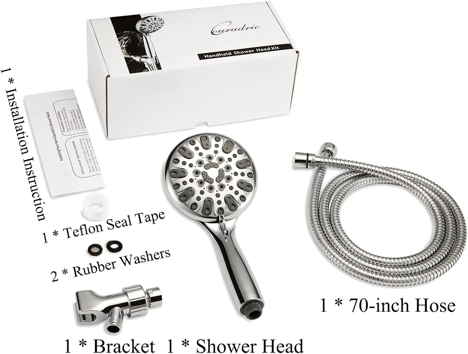 Handheld Shower Head, 6 Spray Setting High Pressure Shower Head with Brass Swivel Ball Bracket and Extra Long Stainless Steel Hose, Chrome, 5", 1.8 GPM for California