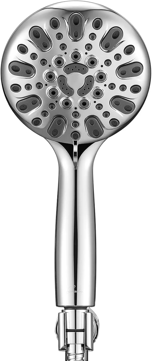 Handheld Shower Head, 6 Spray Setting High Pressure Shower Head with Brass Swivel Ball Bracket and Extra Long Stainless Steel Hose, Chrome, 5", 1.8 GPM for California