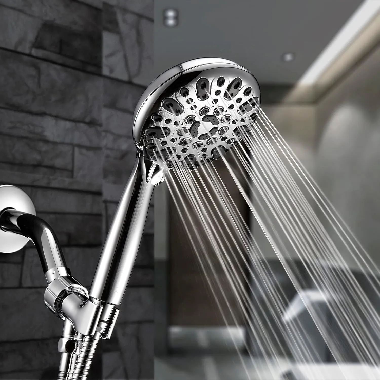 Handheld Shower Head, 6 Spray Setting High Pressure Shower Head with Brass Swivel Ball Bracket and Extra Long Stainless Steel Hose, Chrome, 5", 1.8 GPM for California