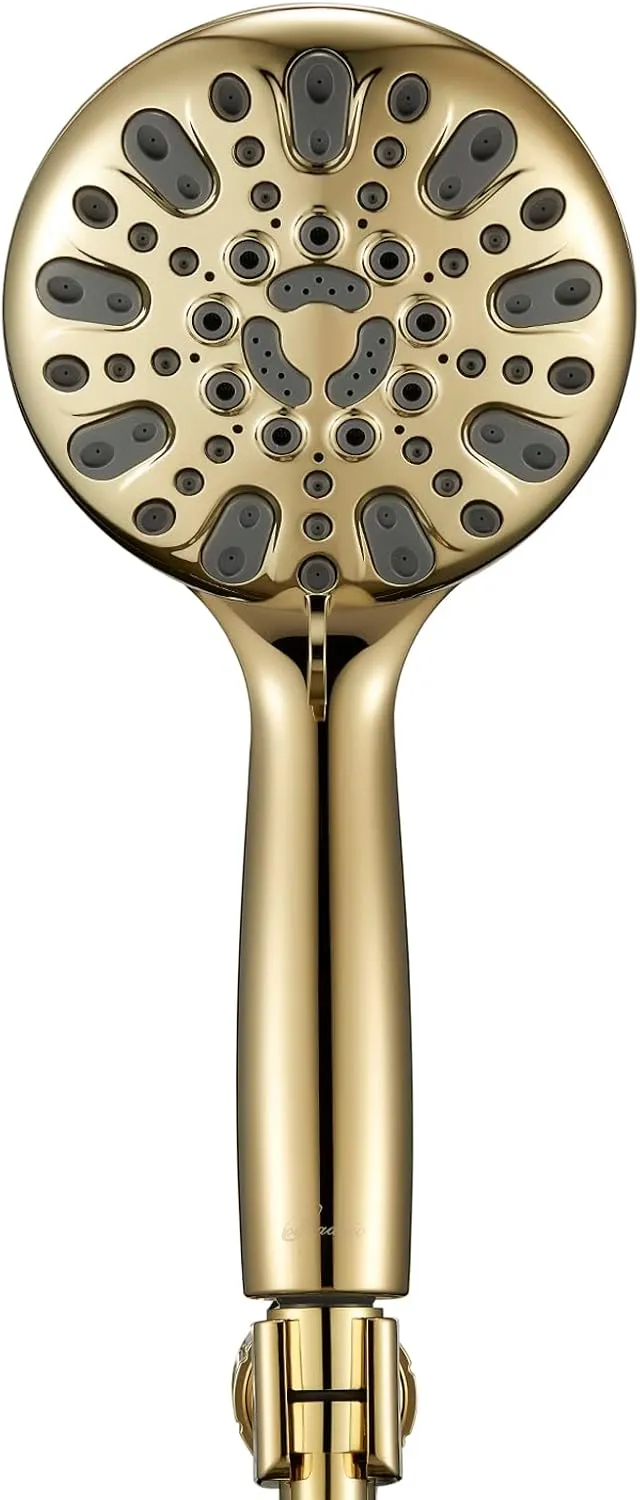 Handheld Shower Head, 6 Spray Setting High Pressure Shower Head with Brass Swivel Ball Bracket and Extra Long Stainless Steel Hose, Polished Brass, 5"