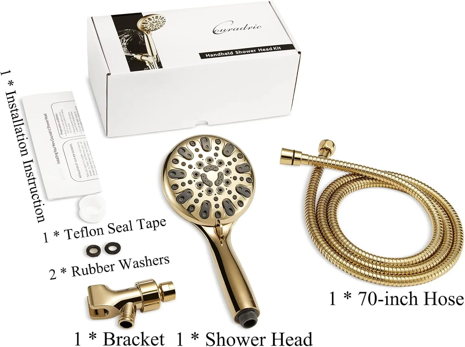Handheld Shower Head, 6 Spray Setting High Pressure Shower Head with Brass Swivel Ball Bracket and Extra Long Stainless Steel Hose, Polished Brass, 5"