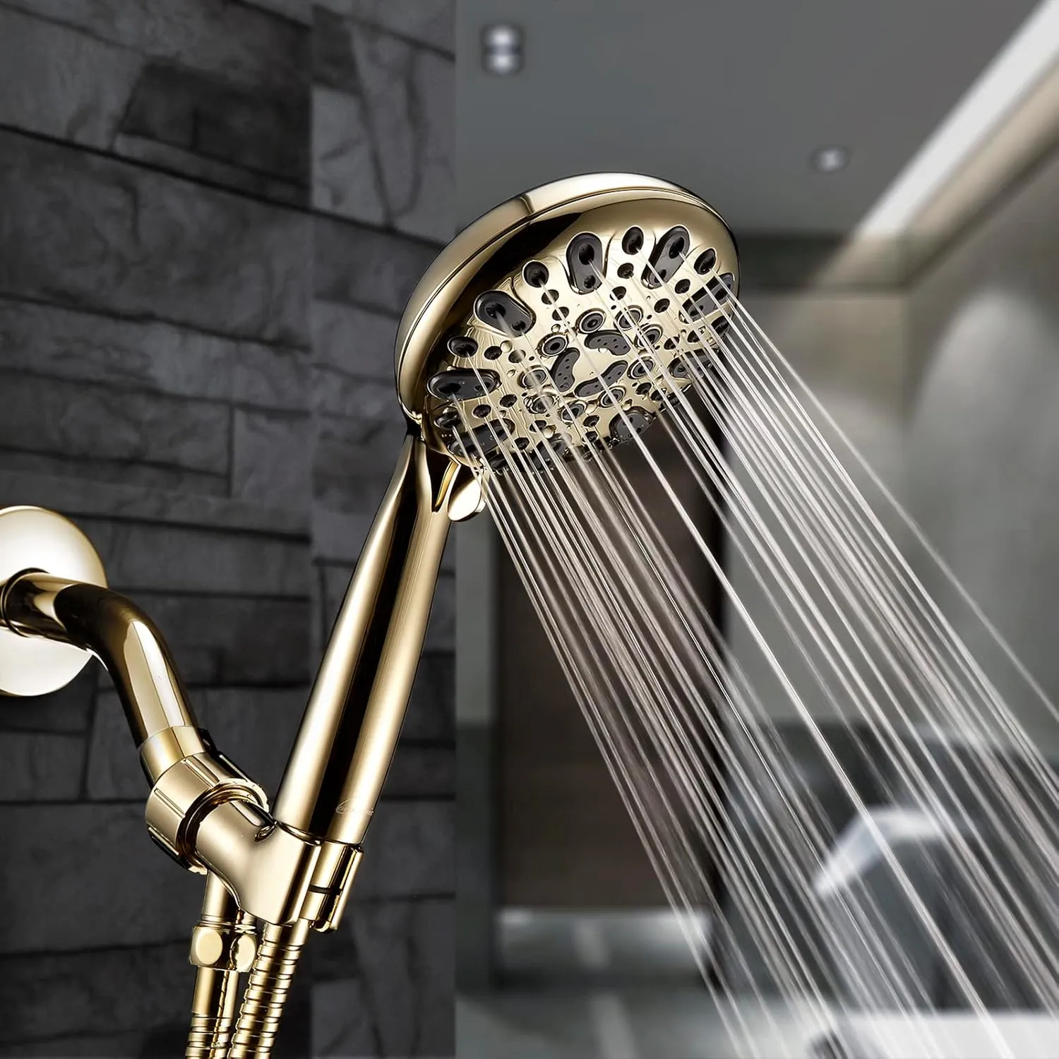 Handheld Shower Head, 6 Spray Setting High Pressure Shower Head with Brass Swivel Ball Bracket and Extra Long Stainless Steel Hose, Polished Brass, 5"