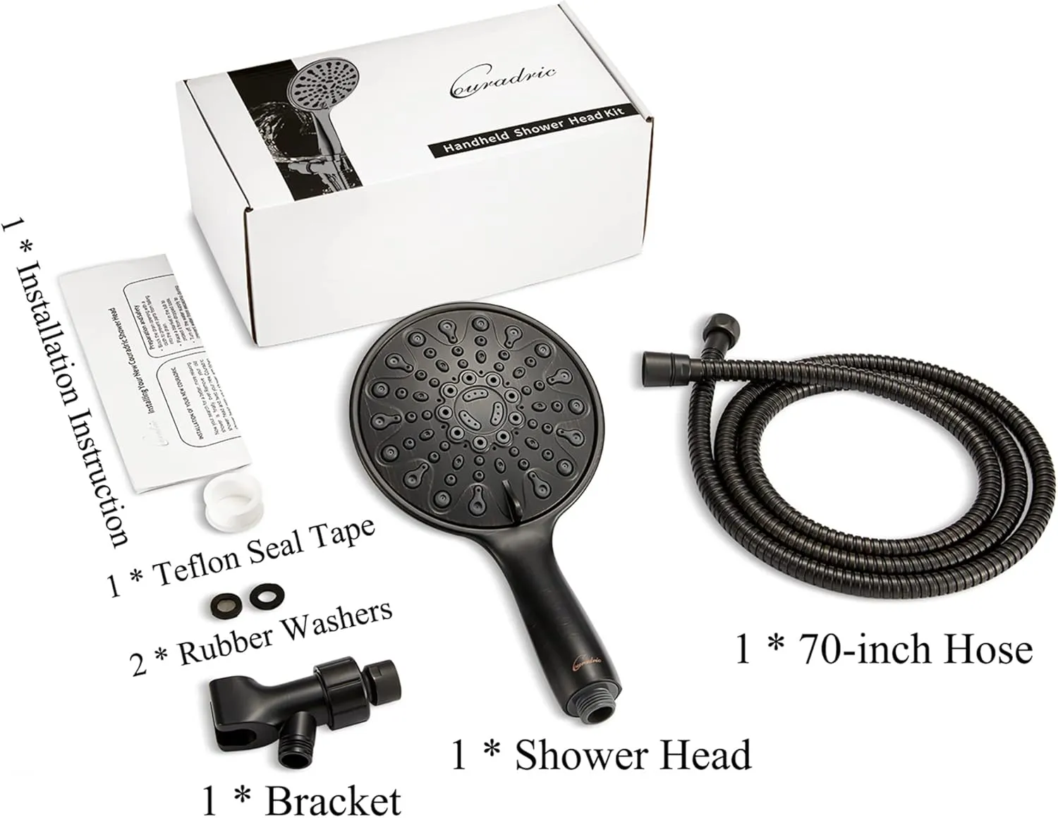 Handheld Shower Head, 6" Oil-Rubbed Bronze Face 6 Spray Setting Shower Head with High Pressure, Brass Swivel Ball Mount and Extra Long Flexible Stainless Steel Hose