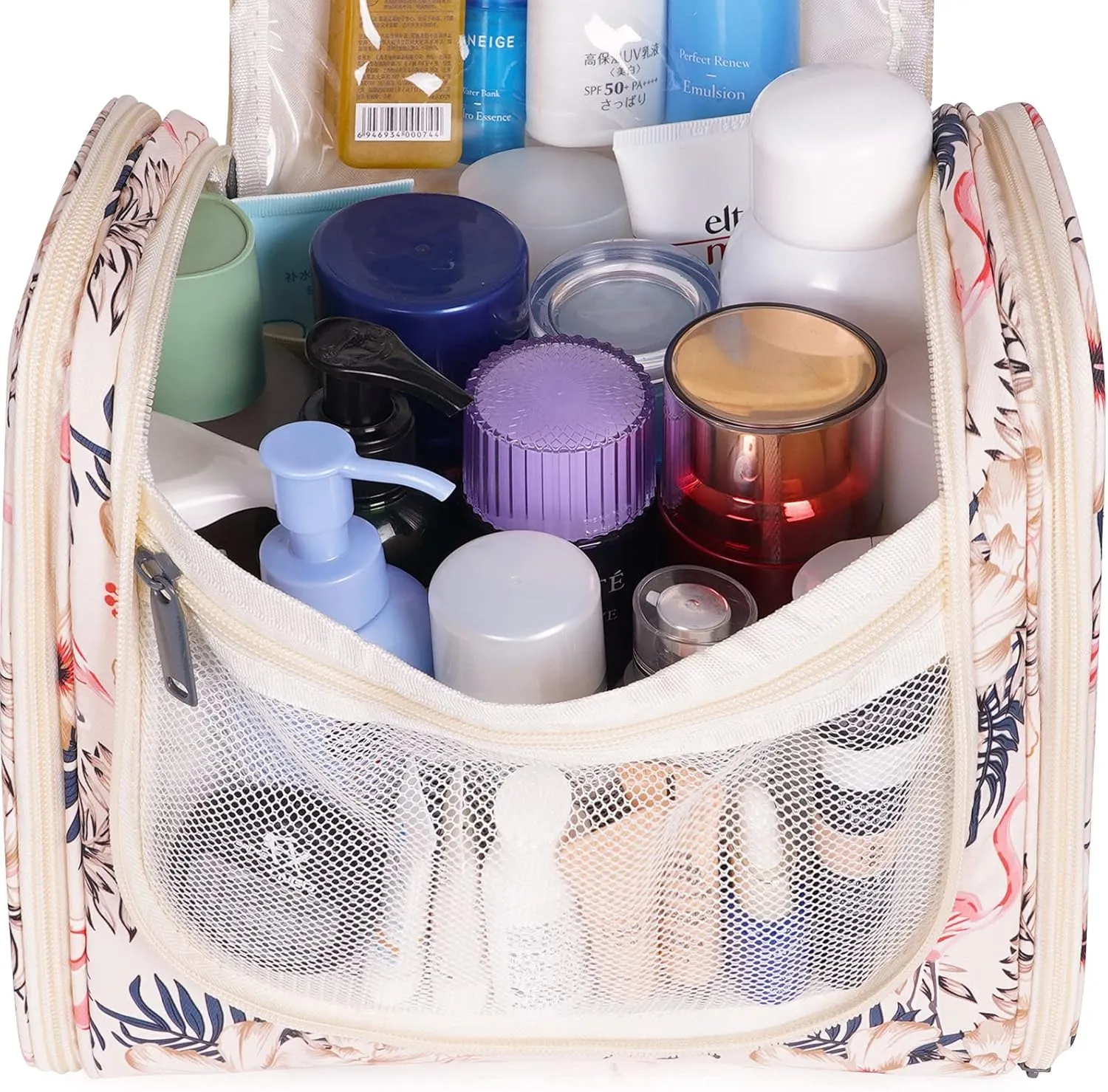 Hanging Toiletry Bag for Women Travel Makeup Bag Organizer Toiletries Bag for Cosmetics Essentials Accessories (Large, Beige Bird)