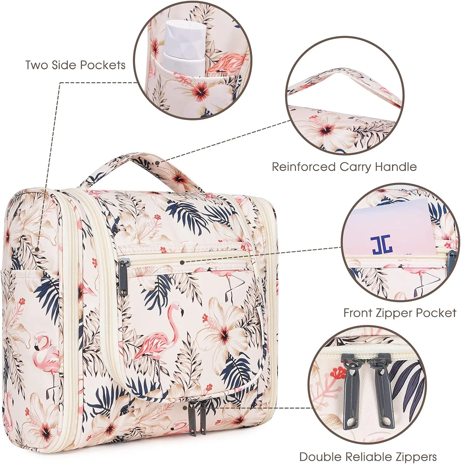 Hanging Toiletry Bag for Women Travel Makeup Bag Organizer Toiletries Bag for Cosmetics Essentials Accessories (Large, Beige Bird)