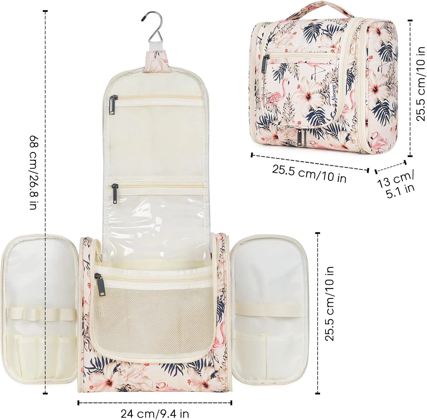 Hanging Toiletry Bag for Women Travel Makeup Bag Organizer Toiletries Bag for Cosmetics Essentials Accessories (Large, Beige Bird)