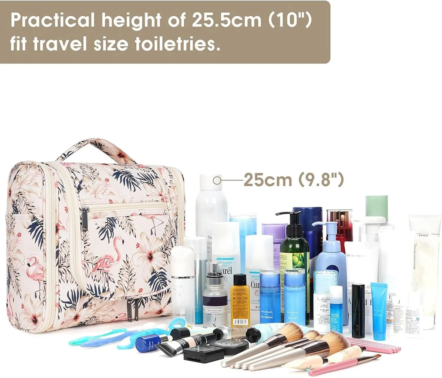 Hanging Toiletry Bag for Women Travel Makeup Bag Organizer Toiletries Bag for Cosmetics Essentials Accessories (Large, Beige Bird)