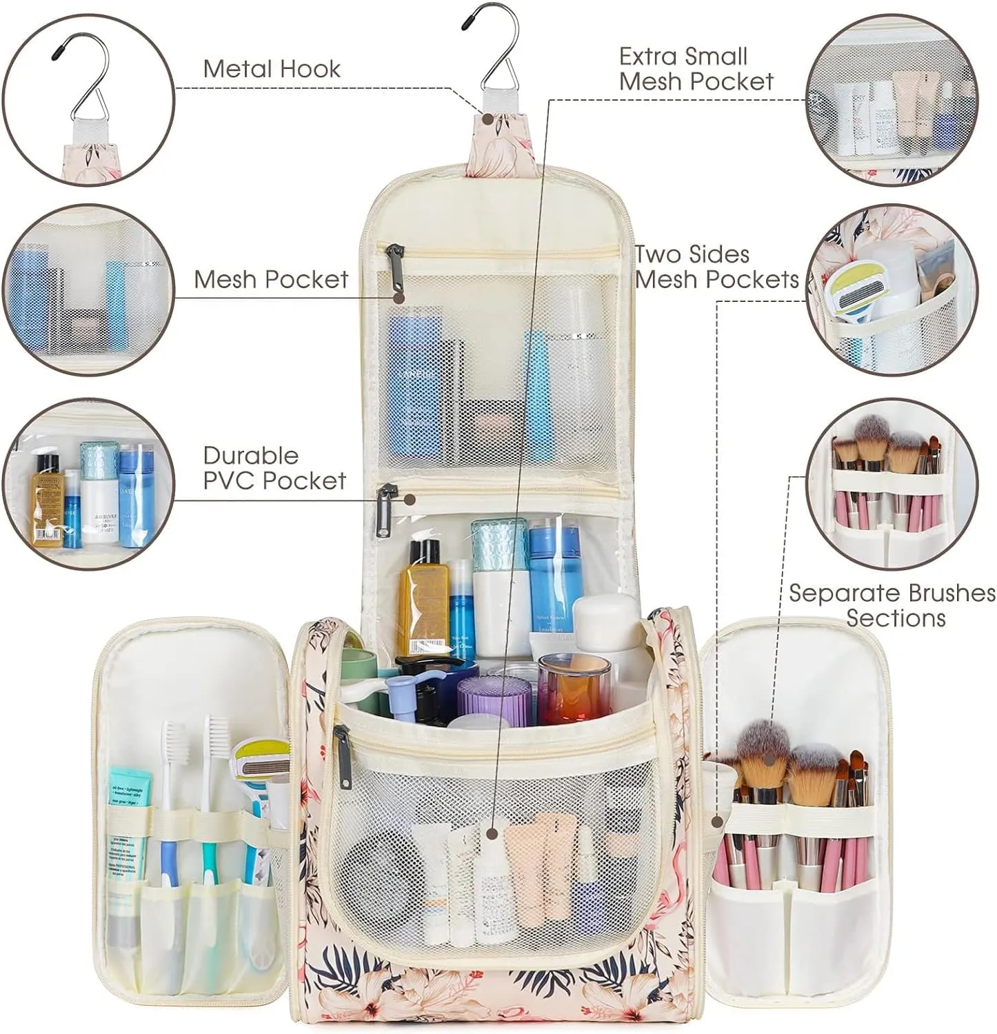 Hanging Toiletry Bag for Women Travel Makeup Bag Organizer Toiletries Bag for Cosmetics Essentials Accessories (Large, Beige Bird)