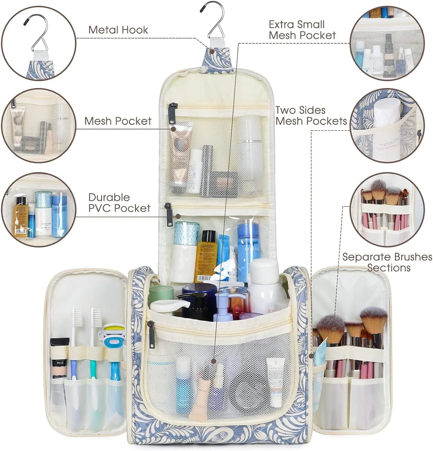 Hanging Toiletry Bag for Women Travel Makeup Bag Organizer Toiletries Bag Men for Cosmetics Essentials Accessories(Large, Blue Leaf)
