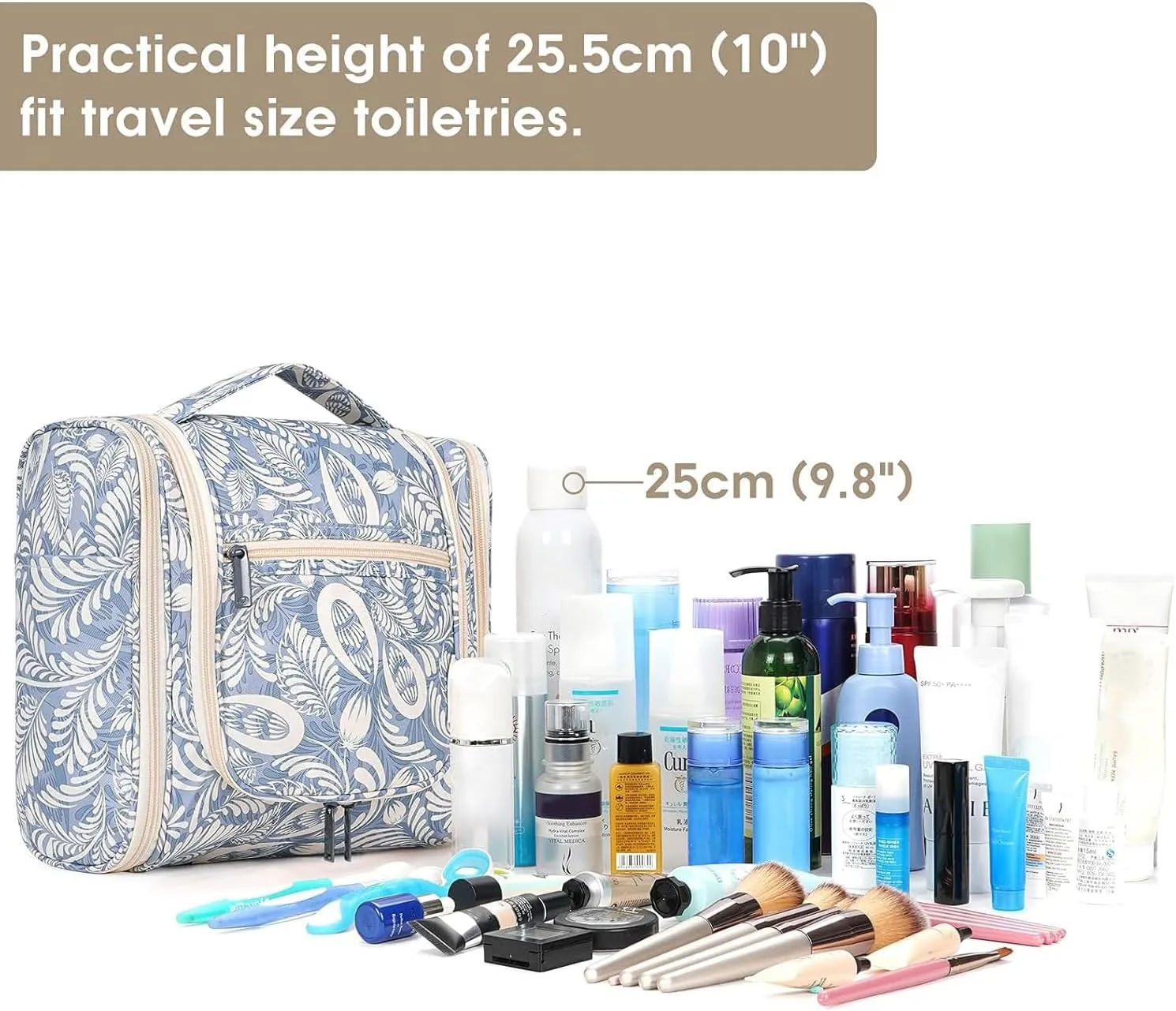 Hanging Toiletry Bag for Women Travel Makeup Bag Organizer Toiletries Bag Men for Cosmetics Essentials Accessories(Large, Blue Leaf)