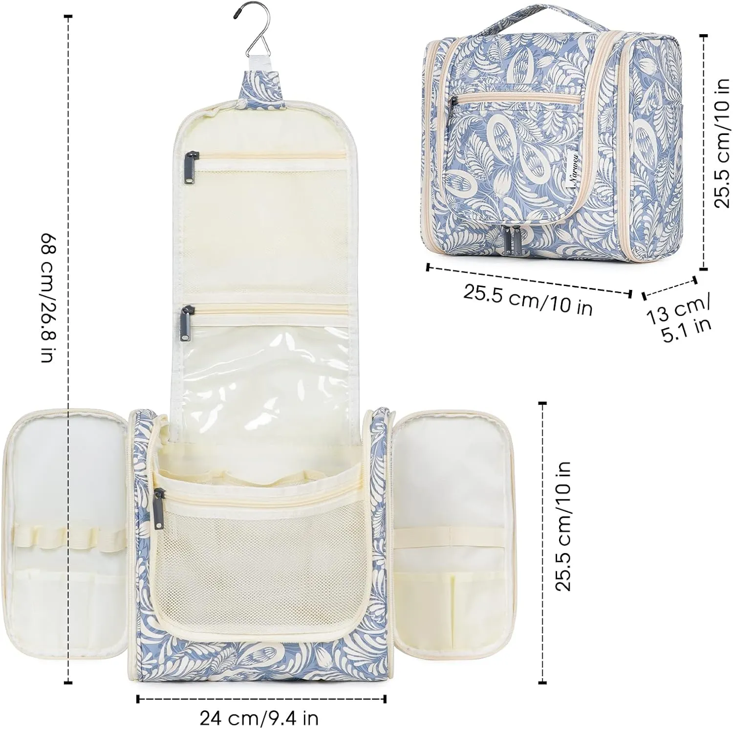 Hanging Toiletry Bag for Women Travel Makeup Bag Organizer Toiletries Bag Men for Cosmetics Essentials Accessories(Large, Blue Leaf)