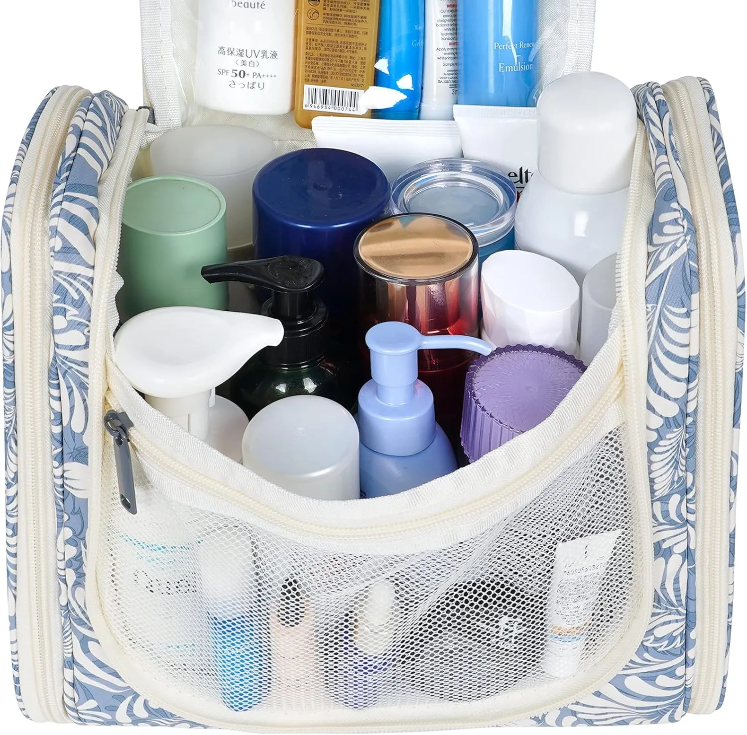 Hanging Toiletry Bag for Women Travel Makeup Bag Organizer Toiletries Bag Men for Cosmetics Essentials Accessories(Large, Blue Leaf)