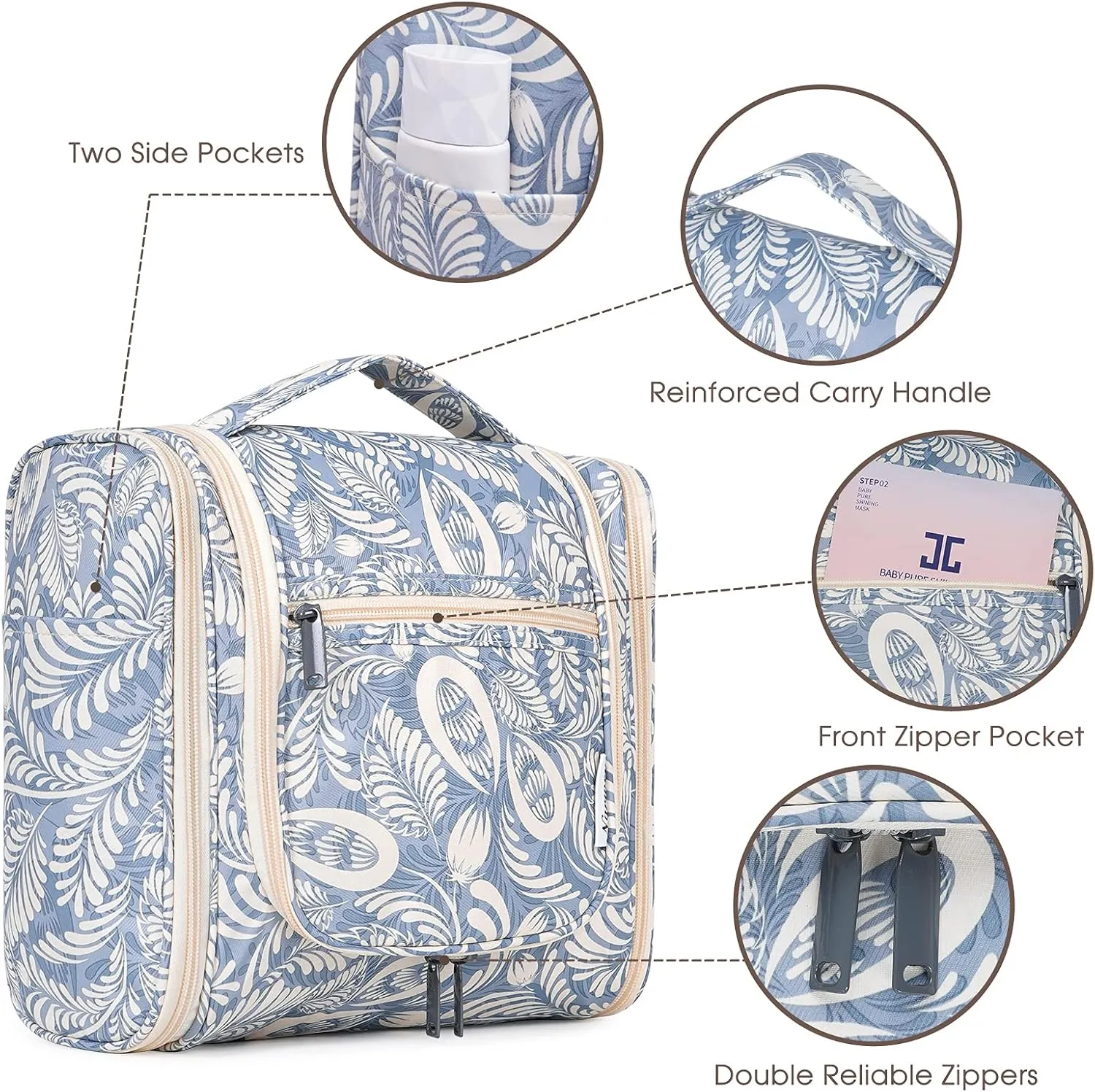 Hanging Toiletry Bag for Women Travel Makeup Bag Organizer Toiletries Bag Men for Cosmetics Essentials Accessories(Large, Blue Leaf)