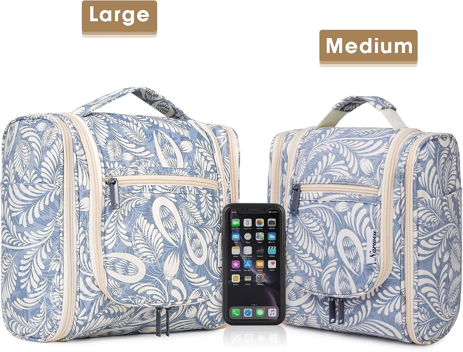 Hanging Toiletry Bag for Women Travel Makeup Bag Organizer Toiletries Bag Men for Cosmetics Essentials Accessories(Large, Blue Leaf)