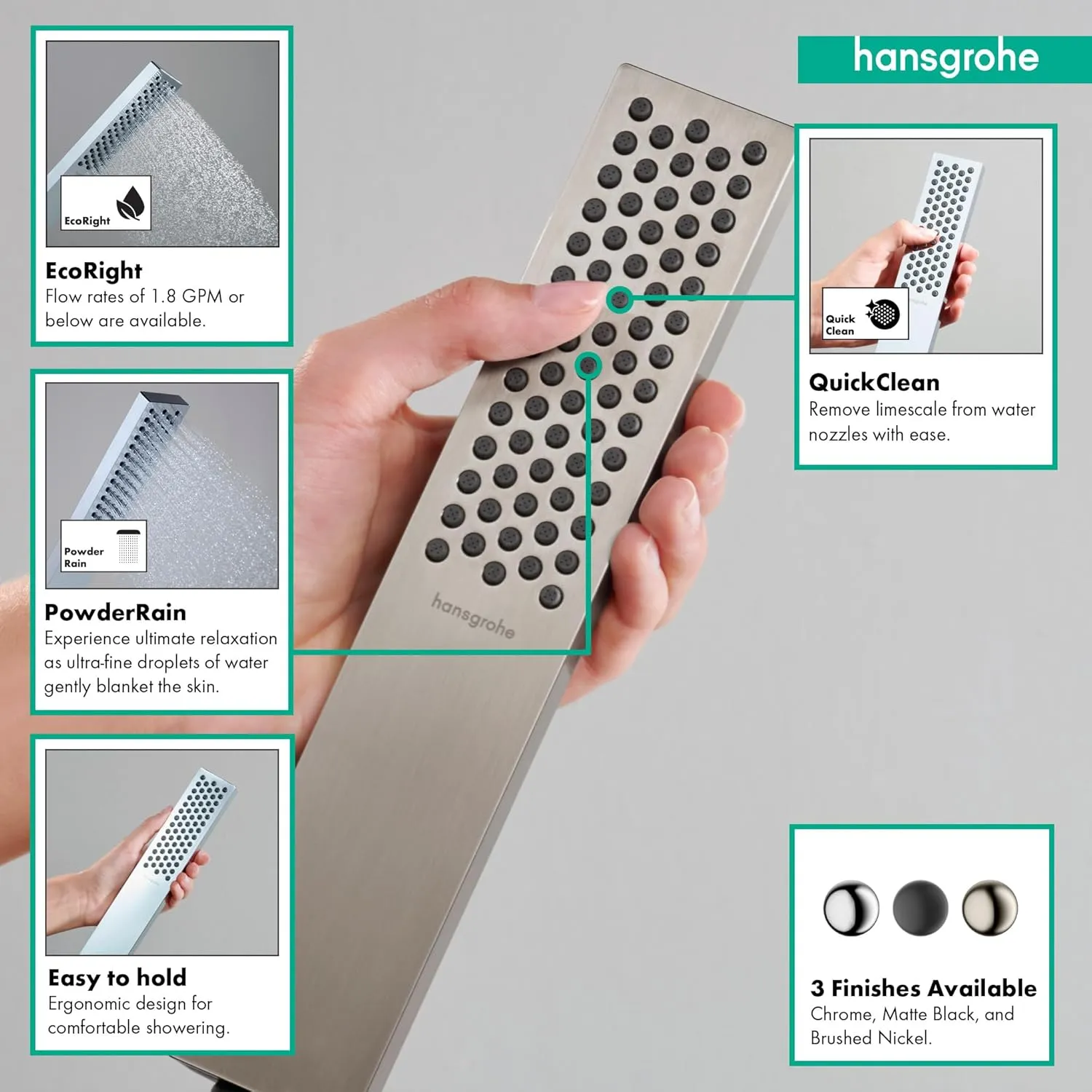 hansgrohe Pulsify E 2-inch Modern Handheld Shower Head 1-Spray PowderRain in Brushed Nickel, 24322821, 2.5 GPM