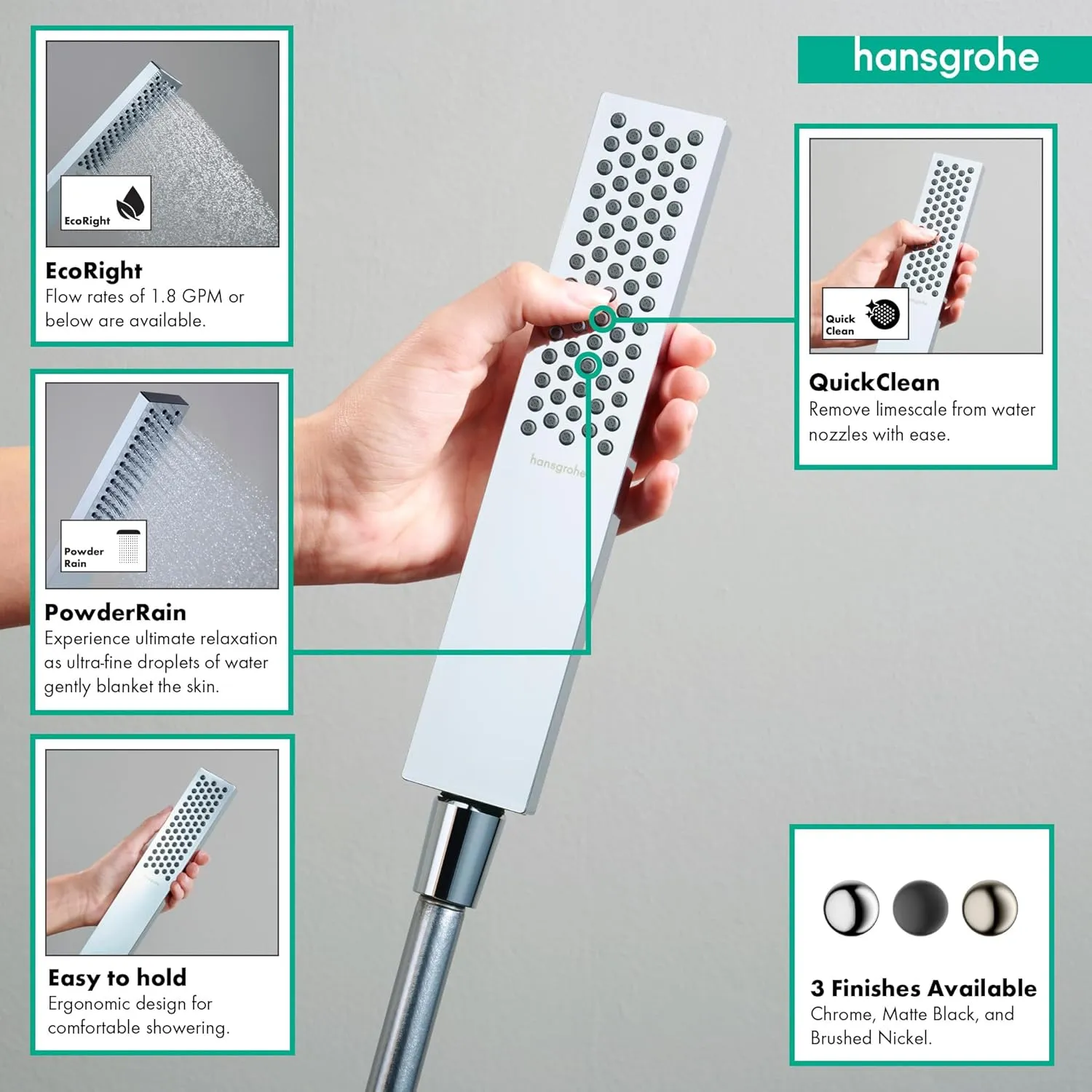 hansgrohe Pulsify E 2-inch Modern Handheld Shower Head 1-Spray PowderRain in Chrome, 24322001