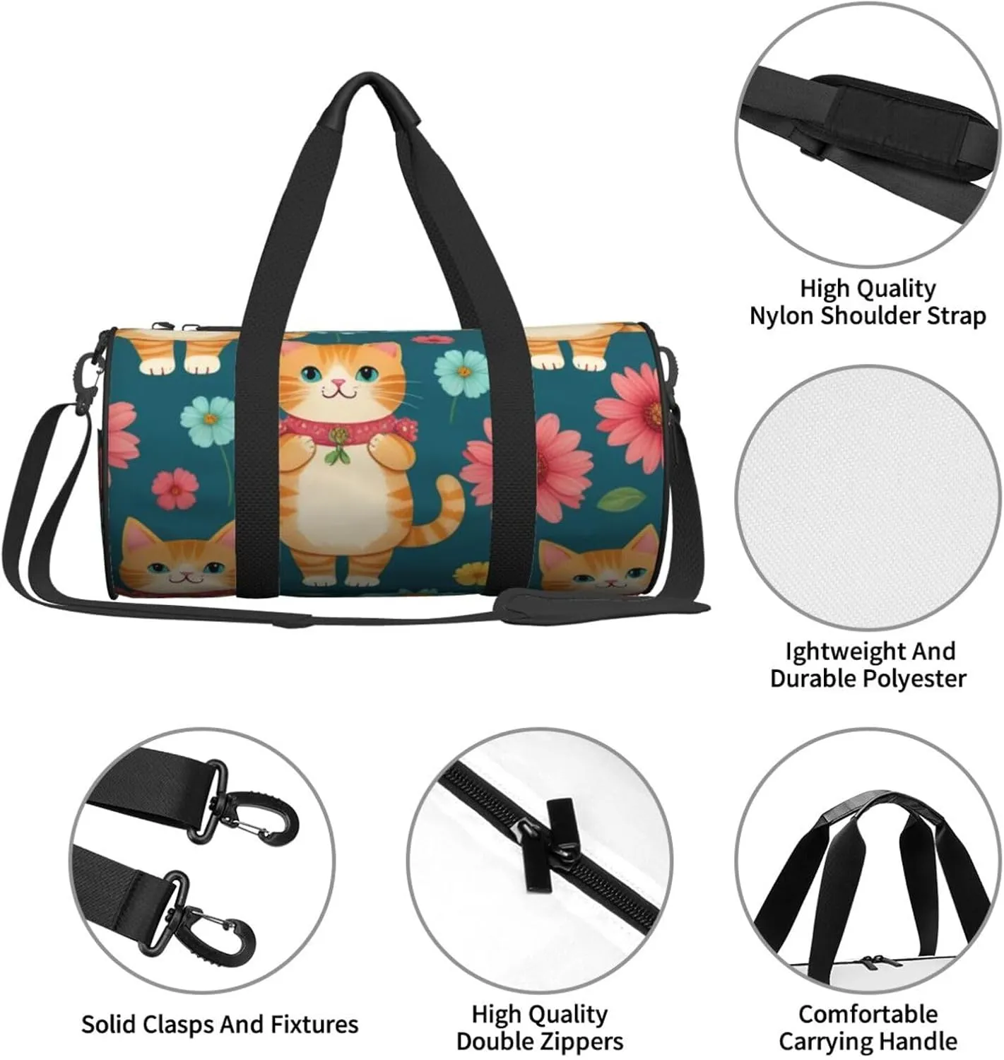 Happy Walking Kitty Pattern pattern Printed Travel Bag,Round Personal Item Storage bag,Foldie Duffel Bag for Traveling Vacation,Fitness,Sports