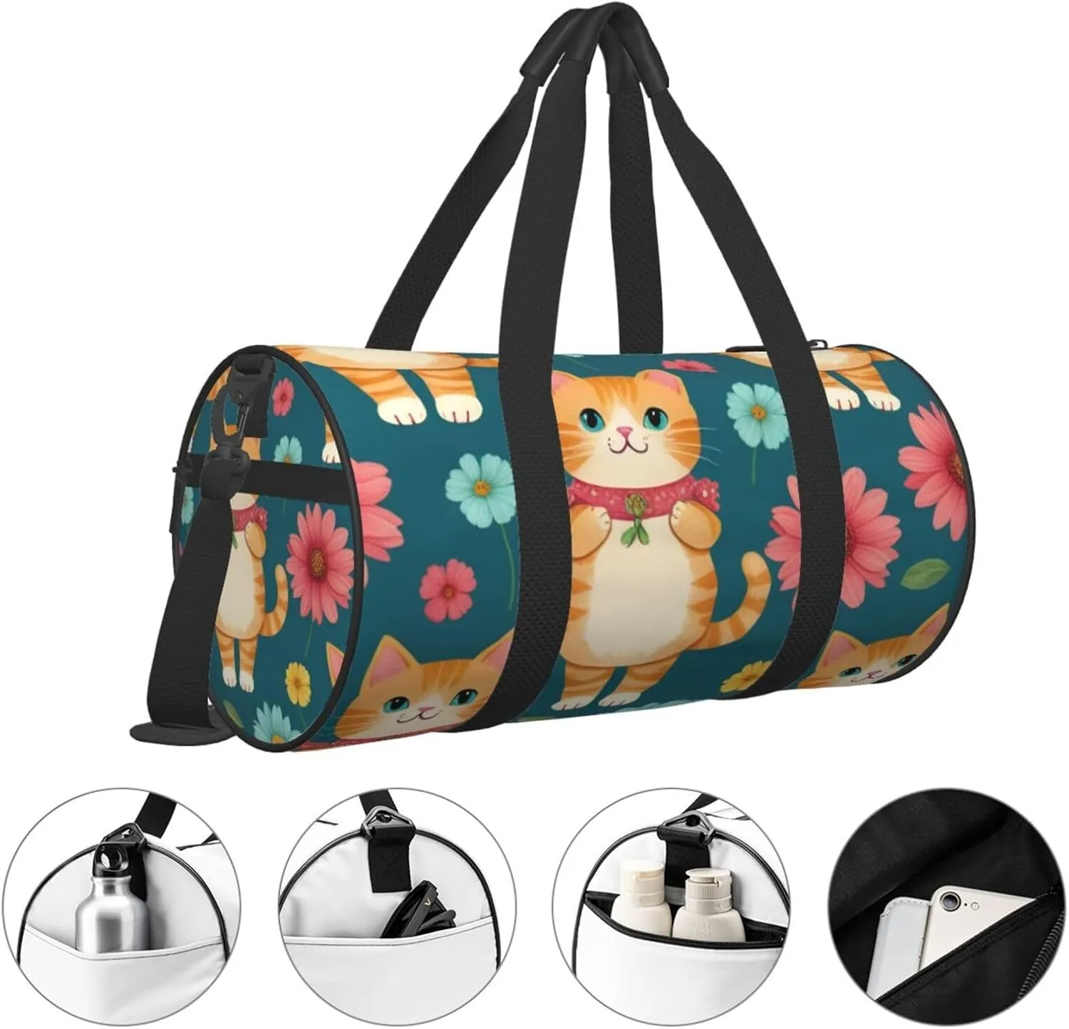 Happy Walking Kitty Pattern pattern Printed Travel Bag,Round Personal Item Storage bag,Foldie Duffel Bag for Traveling Vacation,Fitness,Sports