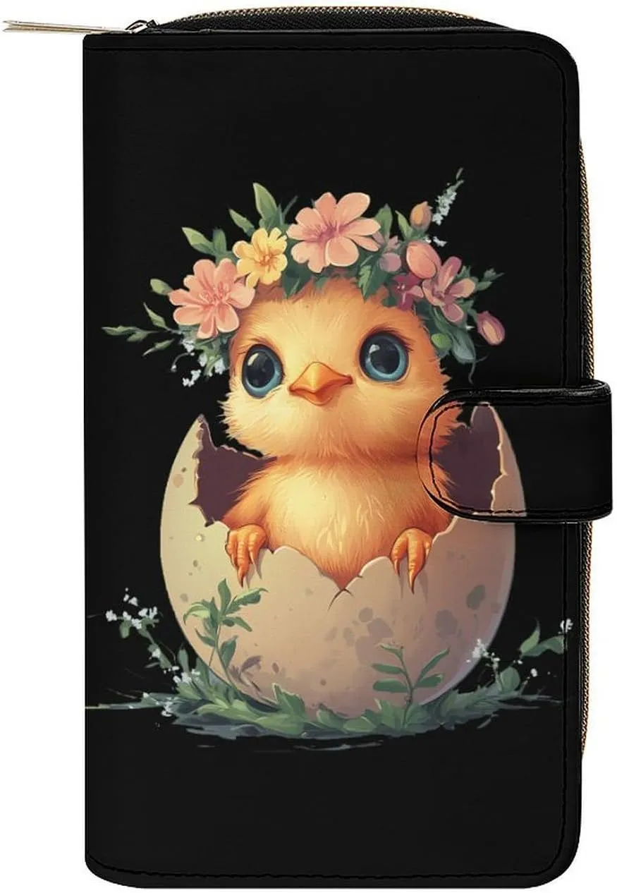 Hatching Chick Flowers Long Wallet PU Leather Credit Card Holder Durable Zippered Purse Clutch Wallet