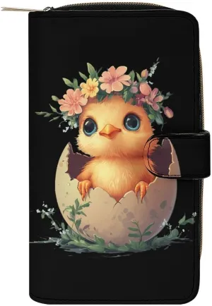 Hatching Chick Flowers Long Wallet PU Leather Credit Card Holder Durable Zippered Purse Clutch Wallet