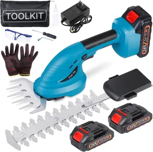 Hedge Trimmer Cordless with Battery and Charger 21V Electric Brush Grass Shrub Trimmer 2 in 1 Handheld Mini Grass Shears Grass Cutter Battery Powered Hedge Trimmer for Garden, Yard and Lawn (Blue)