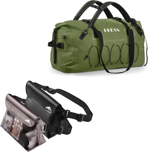 HEETA 2-Pack Waterproof Pouch with Waist Strap (Black & Grey) Bundled with Waterproof Duffel Bag Motorcycle Dry Bag (Green 60L)