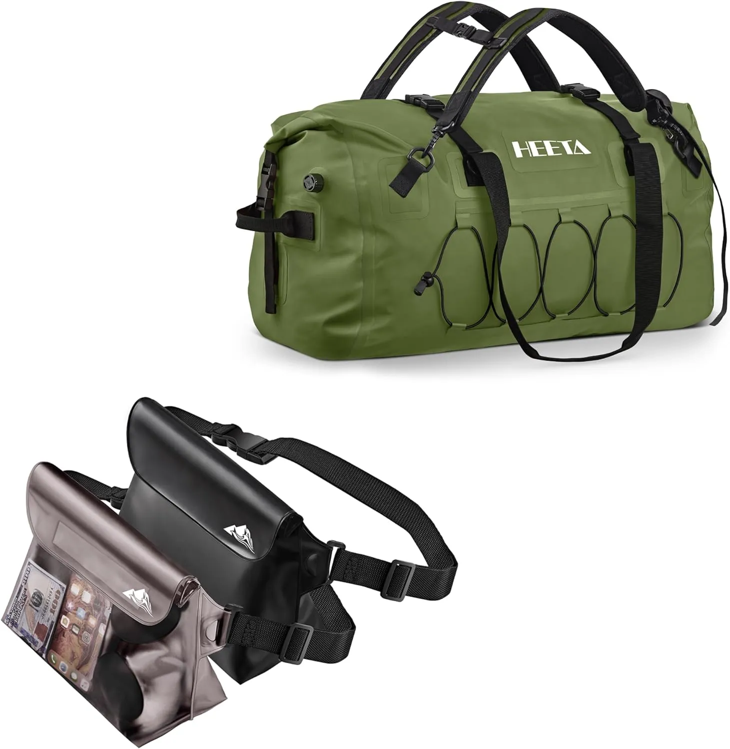 HEETA 2-Pack Waterproof Pouch with Waist Strap (Black & Grey) Bundled with Waterproof Duffel Bag Motorcycle Dry Bag (Green 60L)