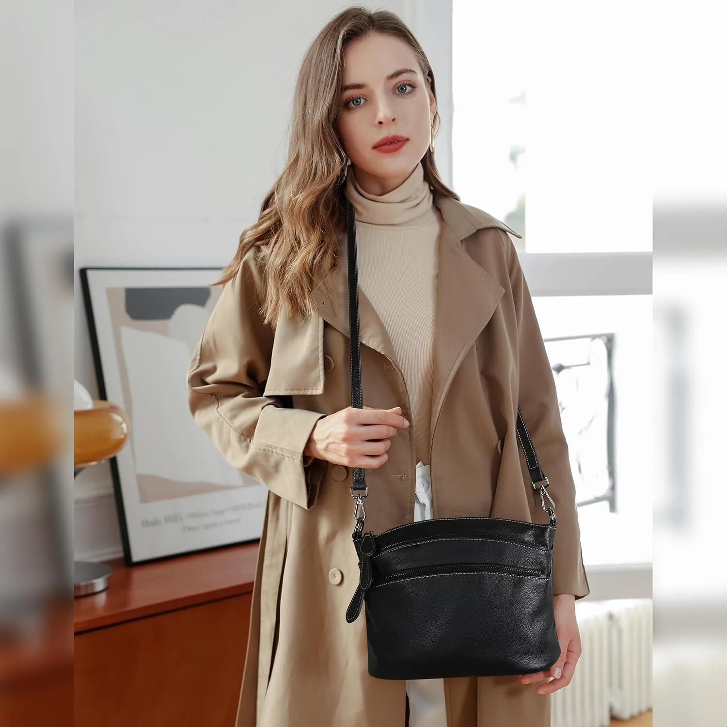HESHE Leather Crossbody Bags Purses for Women Small Functional Multi Pocket Cross Body Purses Shoulder Satchel Handbags