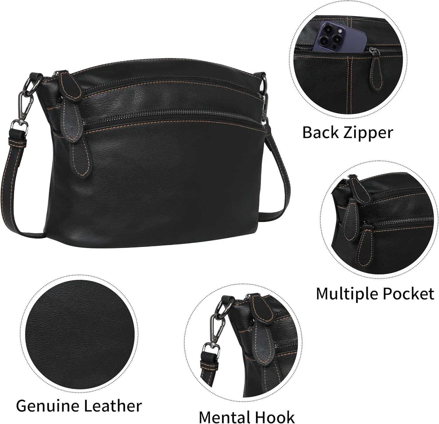 HESHE Leather Crossbody Bags Purses for Women Small Functional Multi Pocket Cross Body Purses Shoulder Satchel Handbags
