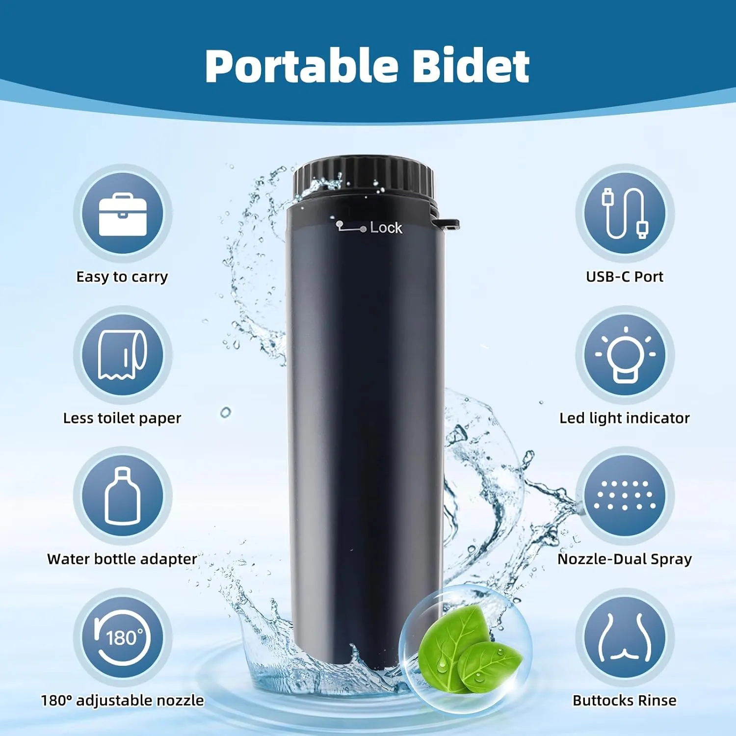 Hibbent Portable Bidet for Travel, High Pressure Handheld Electric Bidet Sprayer, Rechargeable Travel Bidet for Women & Men, Personal Hygiene Cleaning, Soothing Postpartum Care, Black