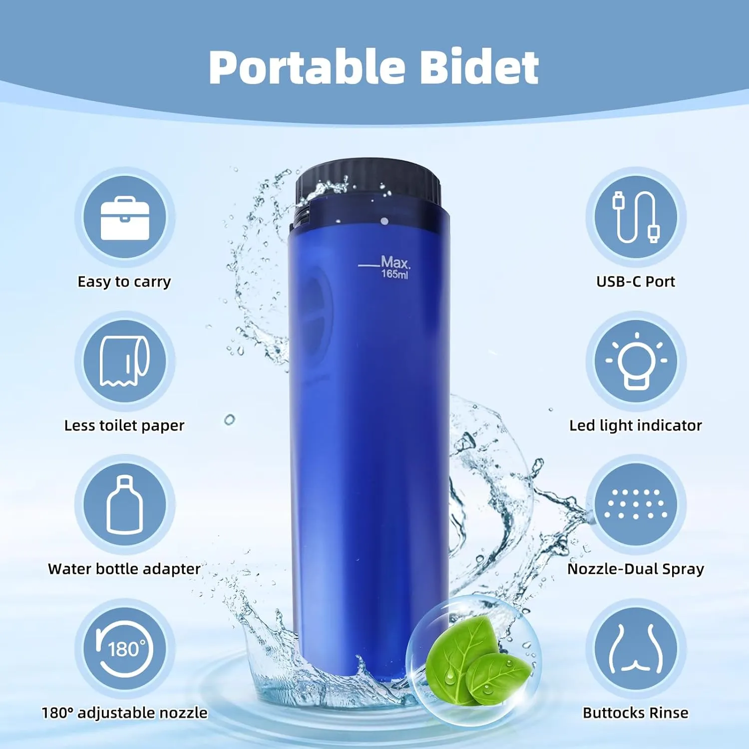 Hibbent Portable Bidet for Travel, High Pressure Handheld Electric Bidet Sprayer, Rechargeable Travel Bidet for Women & Men, Personal Hygiene Cleaning, Soothing Postpartum Care, Perineal, Blue