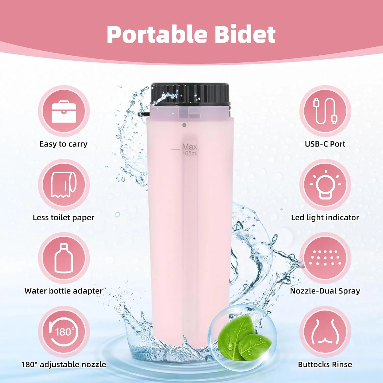 Hibbent Portable Bidet for Travel, High Pressure Handheld Electric Bidet Sprayer, Rechargeable Travel Bidet for Women & Men, Personal Hygiene Cleaning, Soothing Postpartum Care, perineal, Pink