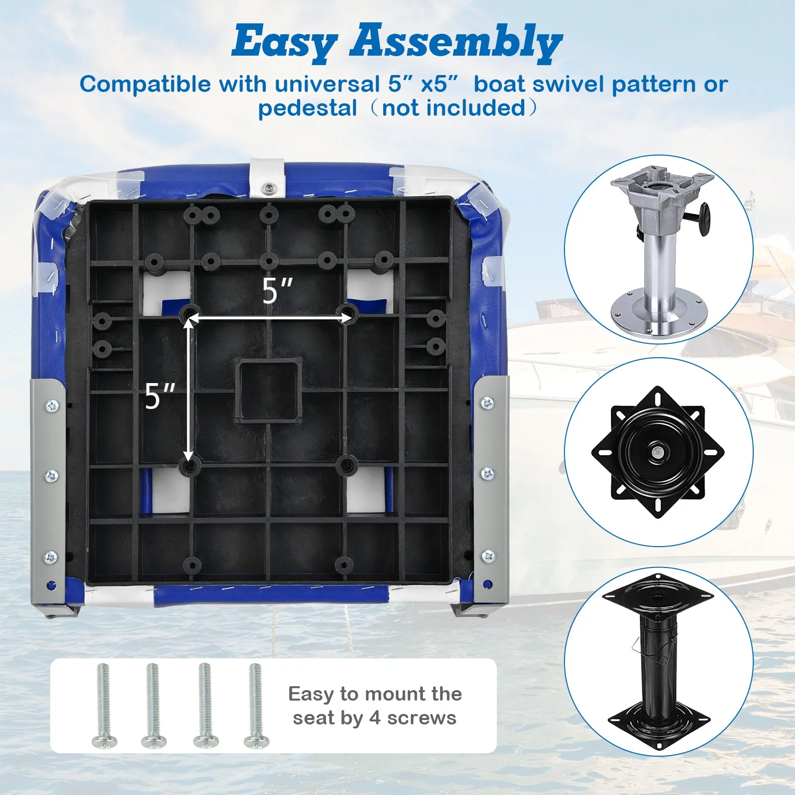 High Back Folding Boat Seats with Blue White Sponge Cushion and Flexible Hinges-Blue