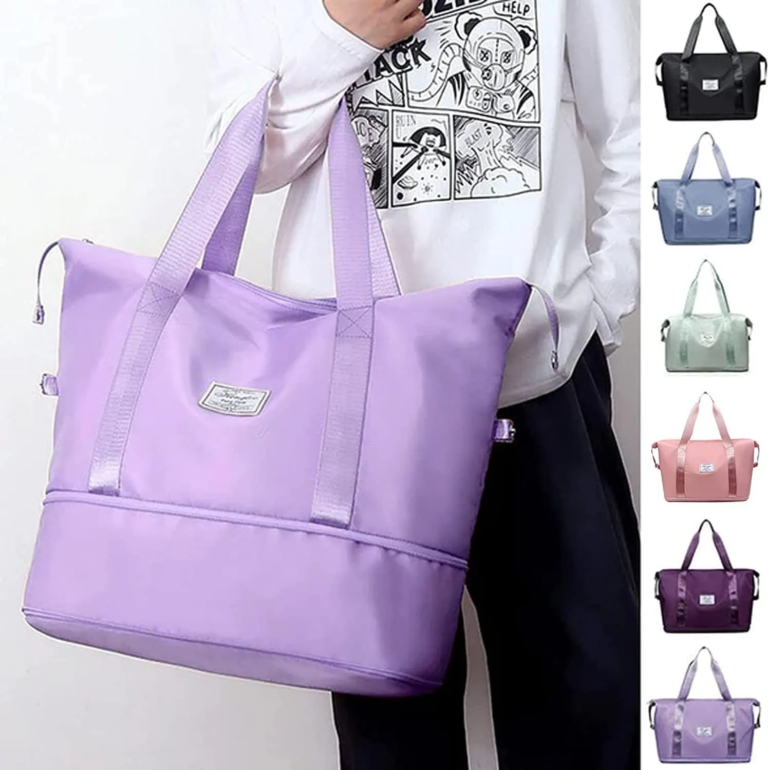 High-Capacity Double-Layer Wet Separation Travelling Bag, Large Capacity Folding Travel Bag, Foldable Travel Duffel Bag, Travel Lightweight Waterproof Carry Luggage Bag, Light Purple, Travel Accessories