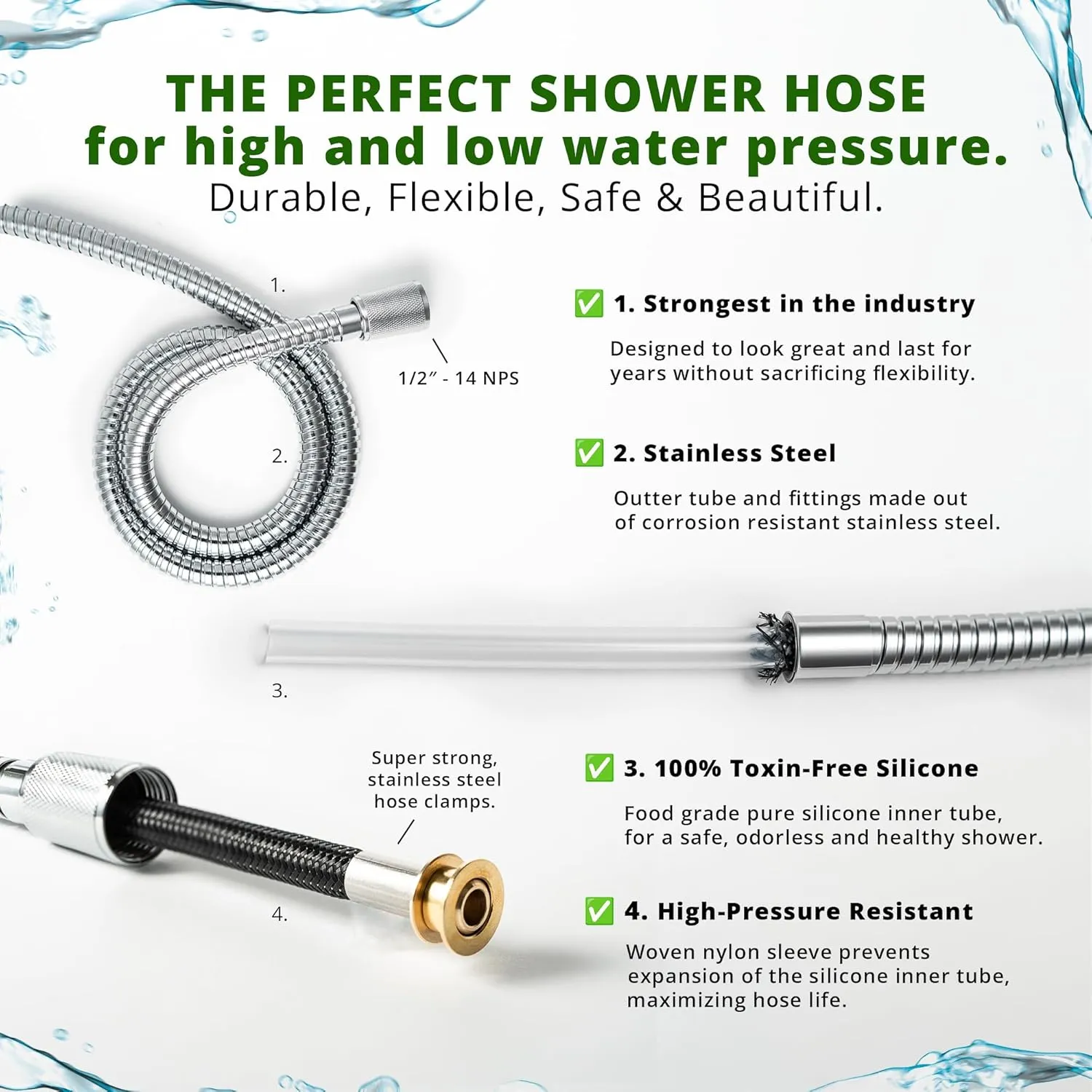 High Sierra Showerheads® - Shower Hose Brushed Gold Finish with Non-Toxic and Safe Silicone Inner Tube – Extra Long, Flexible Shower Hose – 72 Inches – 304 Stainless Steel