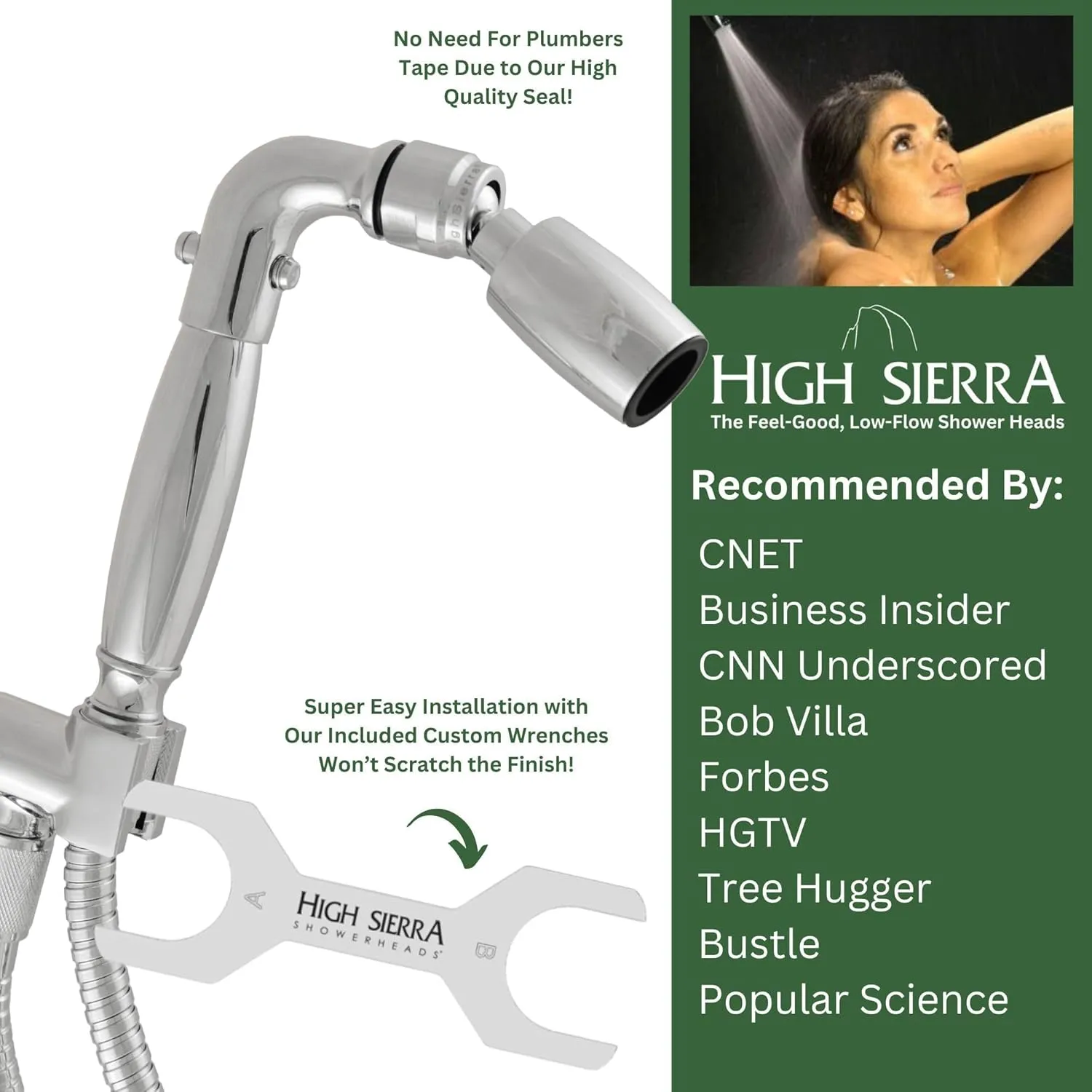 High Sierra Showerheads® - Solid Metal Handheld Shower Head Kit. Handheld Shower Head, Trickle Valve, 72-Inch Hose with Silicone Inner Tube, and Holder. Low Flow 1.8 GPM - Polished Brass