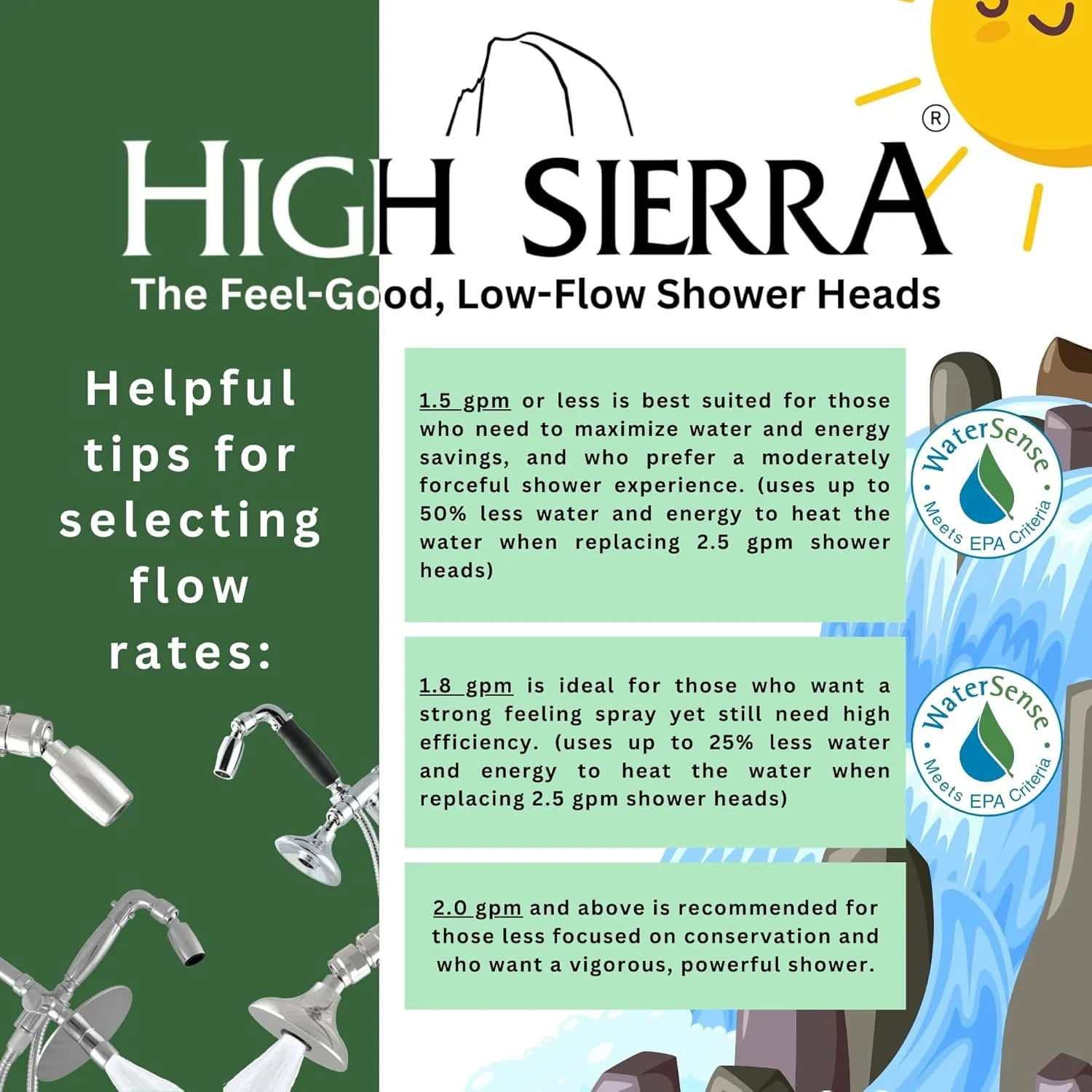 High Sierra Showerheads® - Solid Metal Handheld Shower Head Kit. Handheld Shower Head, Trickle Valve, 72-Inch Hose with Silicone Inner Tube, and Holder. Low Flow 1.8 GPM - Polished Brass