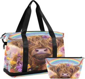 Highland Cow Head with Travel Duffel Bag Waterproof Gym Sport Tote Bag Carry On Weekender Bag with Compartment