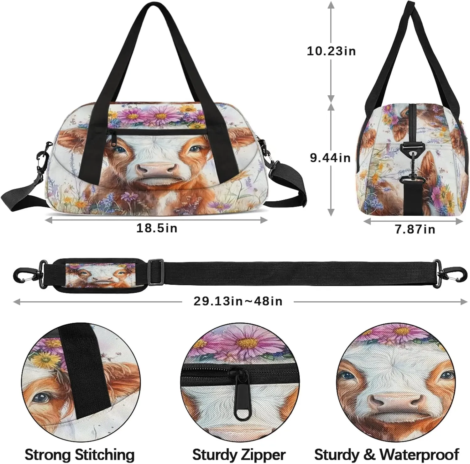 Highland Cow Print Kids Duffel Bag Lightweight Waterproof Sports Gym Bag with Front Zipper Pocket Foldable Weekender Overnight Bag for School Practice Gymnastic Ballet