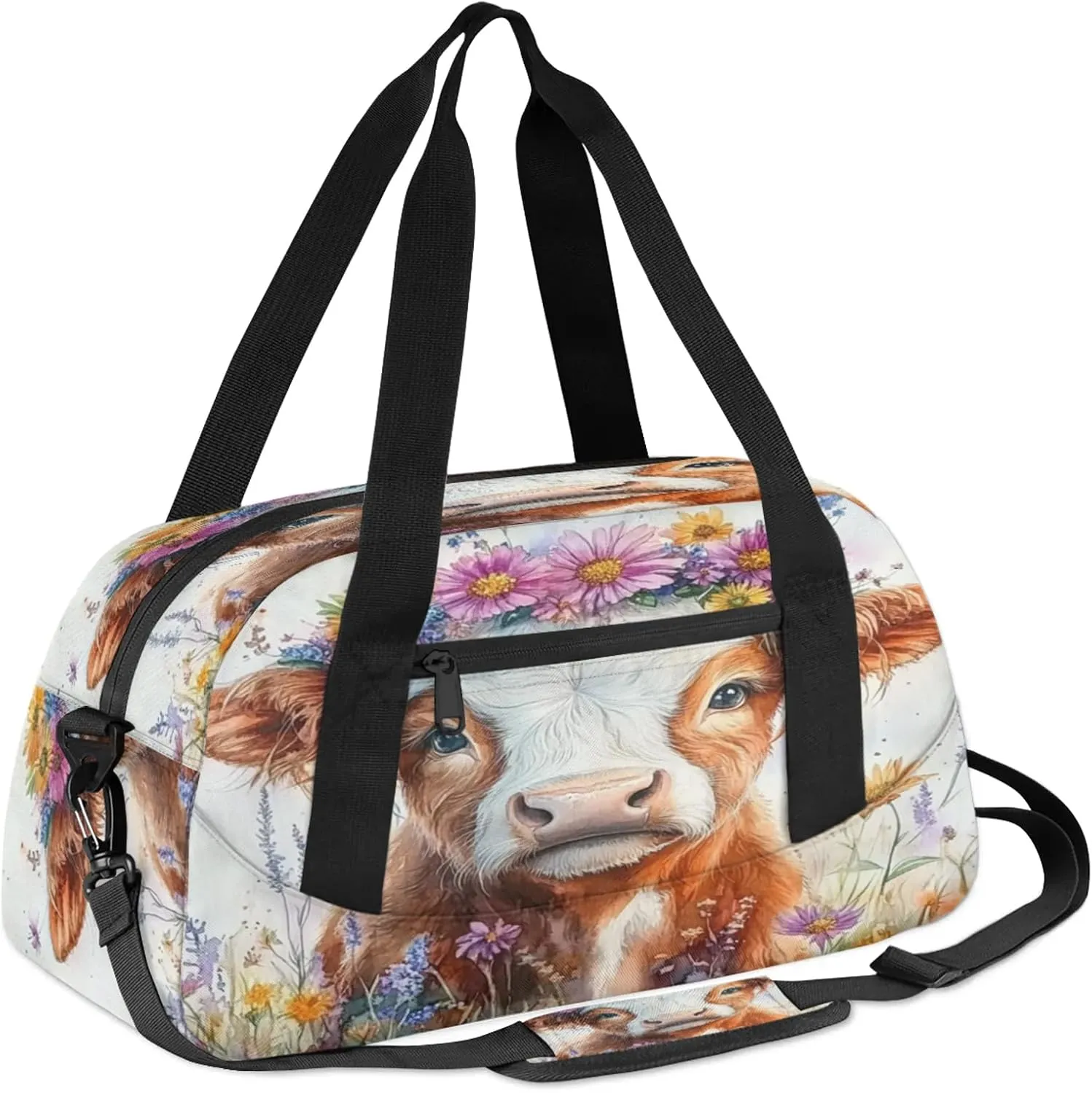 Highland Cow Print Kids Duffel Bag Lightweight Waterproof Sports Gym Bag with Front Zipper Pocket Foldable Weekender Overnight Bag for School Practice Gymnastic Ballet