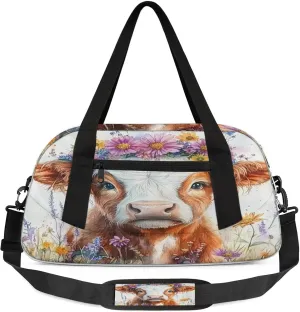 Highland Cow Print Kids Duffel Bag Lightweight Waterproof Sports Gym Bag with Front Zipper Pocket Foldable Weekender Overnight Bag for School Practice Gymnastic Ballet