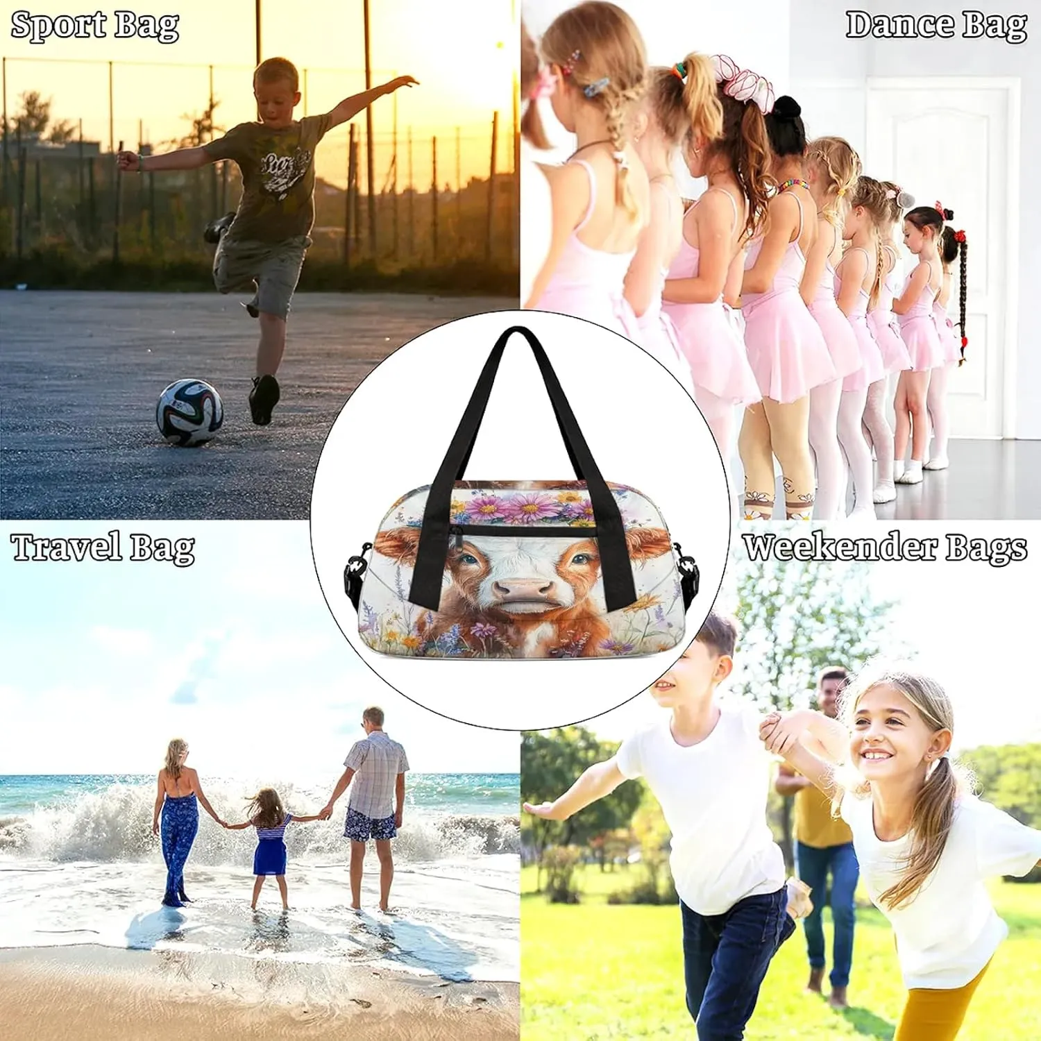 Highland Cow Print Kids Duffel Bag Lightweight Waterproof Sports Gym Bag with Front Zipper Pocket Foldable Weekender Overnight Bag for School Practice Gymnastic Ballet