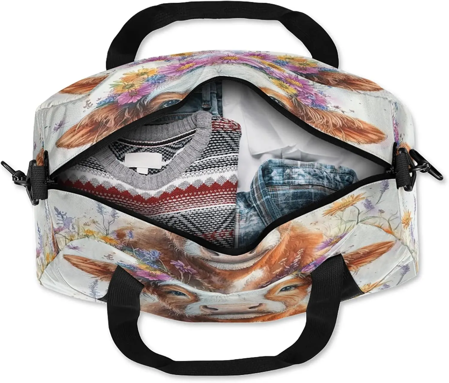 Highland Cow Print Kids Duffel Bag Lightweight Waterproof Sports Gym Bag with Front Zipper Pocket Foldable Weekender Overnight Bag for School Practice Gymnastic Ballet